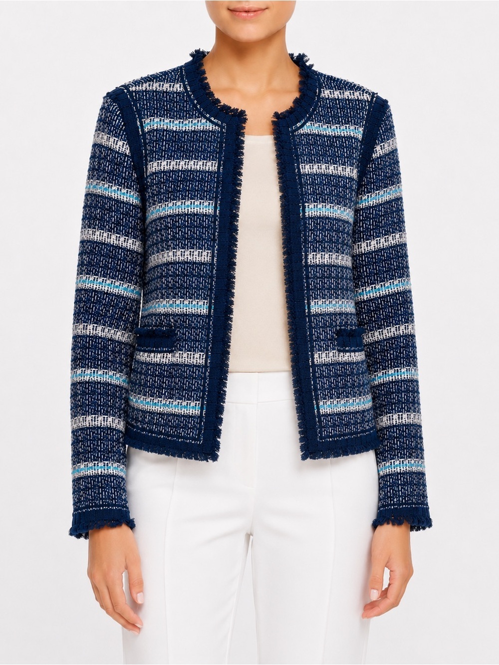 Tory Burch Roscoe Navy/Cream Tweed Navy Fringe Trimmed Jacket Size 14 Career